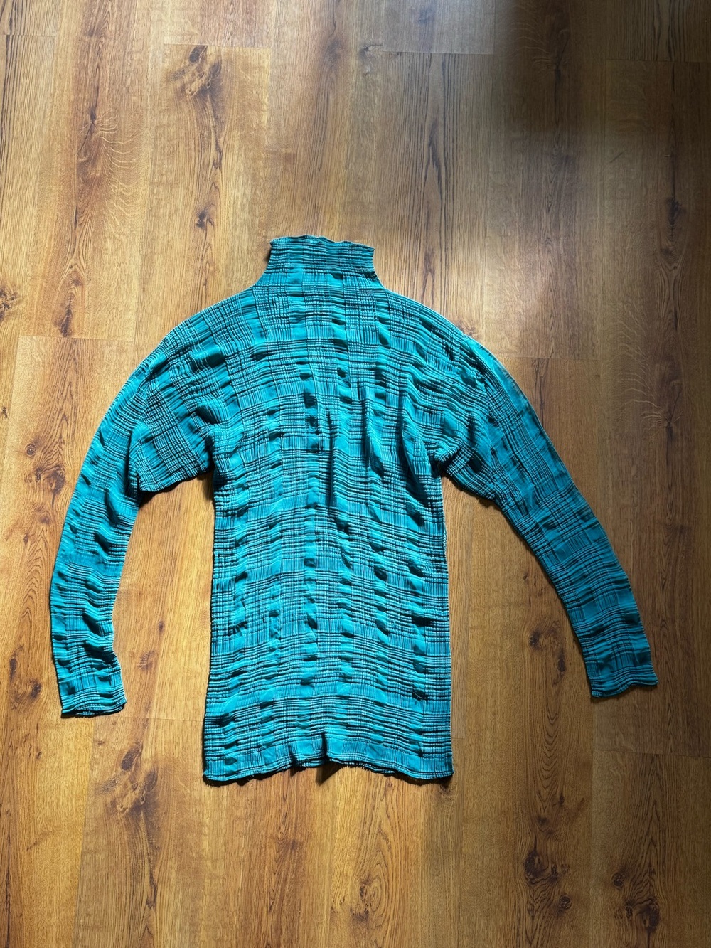 Issey Miyake Vintage Teal Blue Textured Pleated Mock Neck Dress